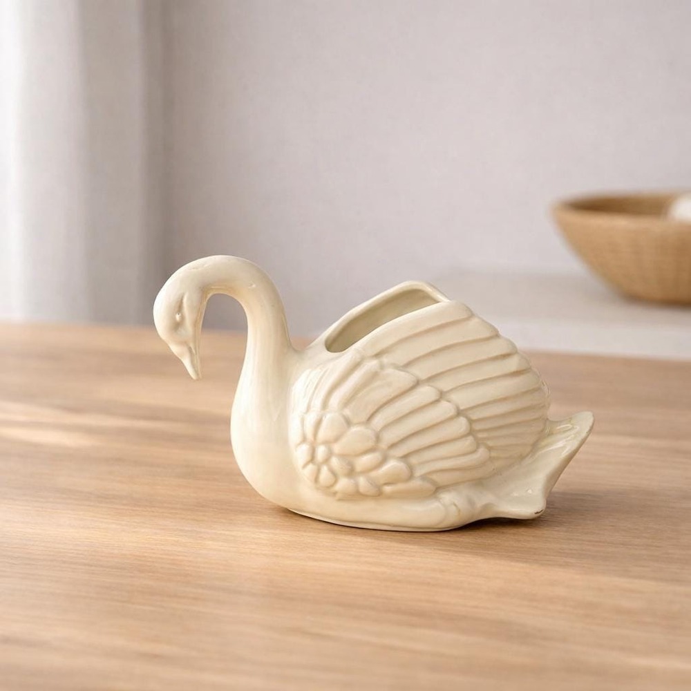 Vintage Porcelain Swan Figurine Small Vase 5.5 Inch